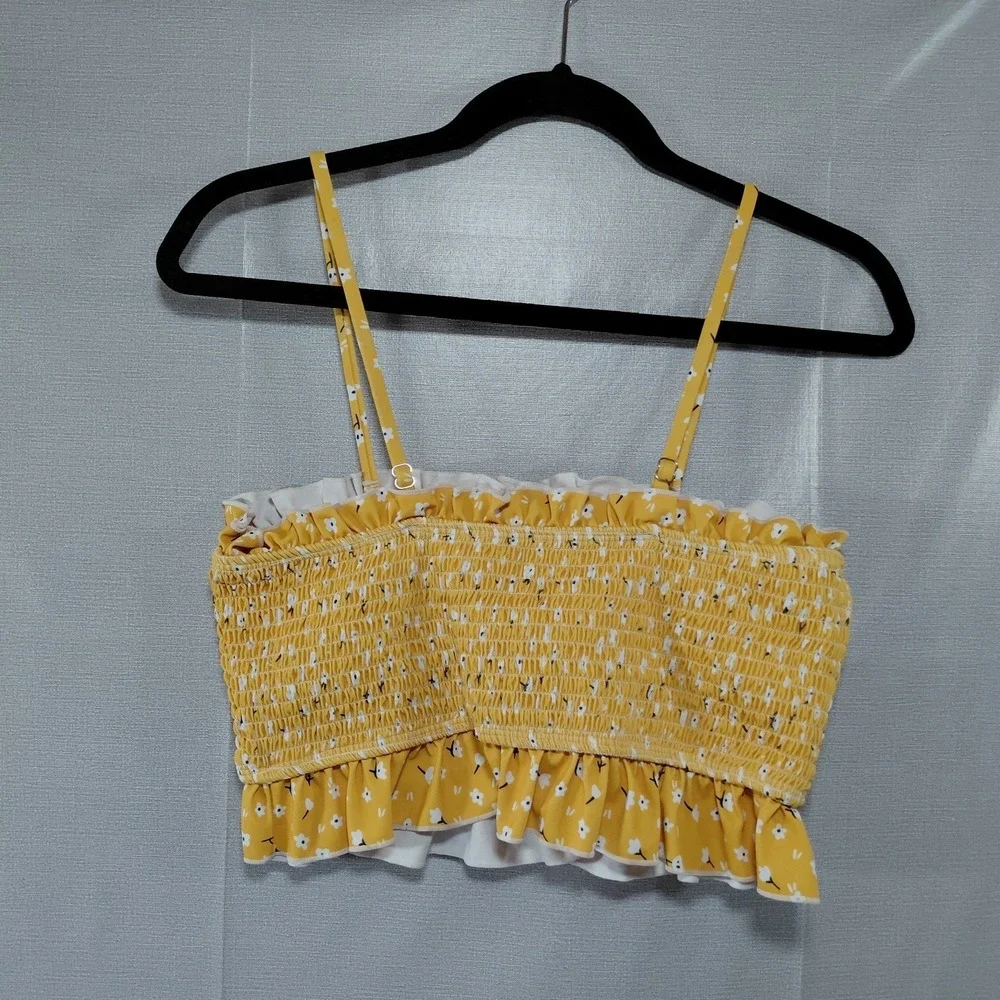 Smocked Floral Bandeau Ruffled Bikini Top Women's L Crop Top Yellow Ditsy Floral